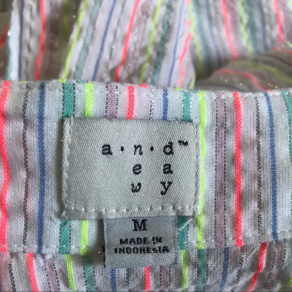 A NEW DAY Seersucker Ruffle Bell Sleeve Metallic Sparkle Neon Striped Blouse - Picture 3 of 9